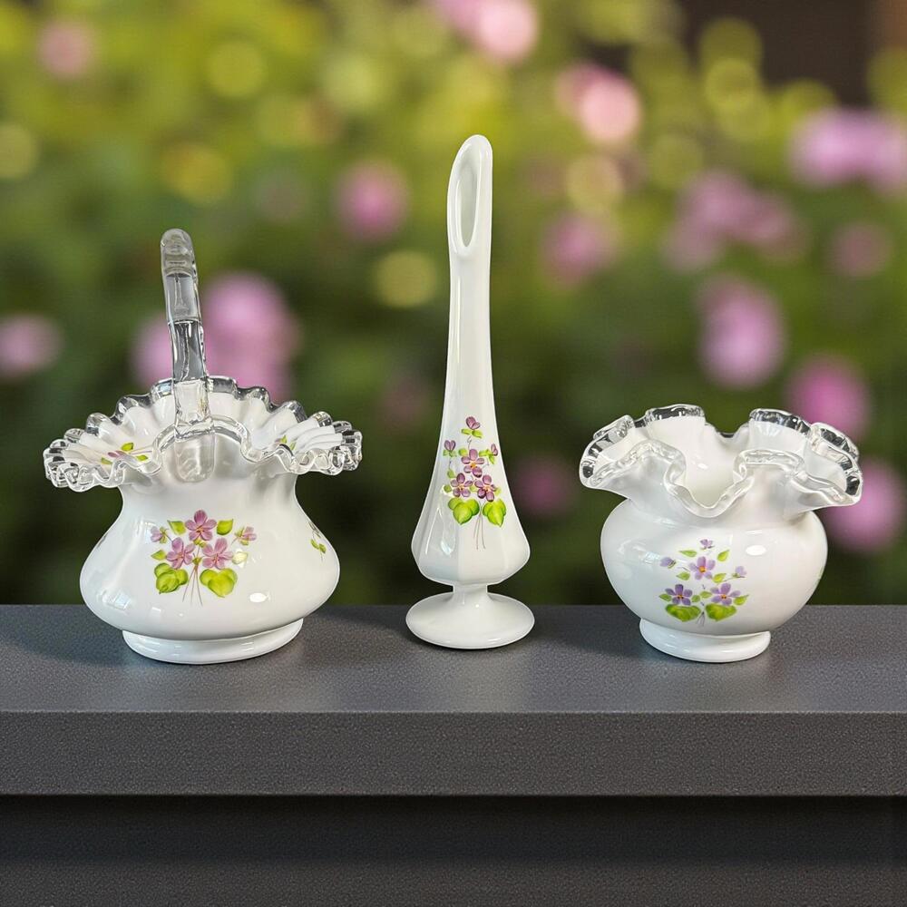 Fenton “Violets in the Snow” Hand-Painted Glass Trio Basket, Swung Vase